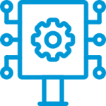 icono tipo vector de una pantalla en la que hay un engranaje y de la que salen varias líneas terminadas en círculos