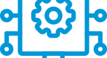 icono tipo vector de una pantalla en la que hay un engranaje y de la que salen varias líneas terminadas en círculos