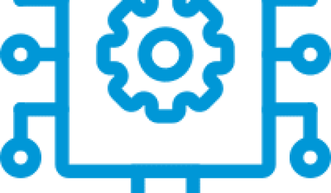 icono tipo vector de una pantalla en la que hay un engranaje y de la que salen varias líneas terminadas en círculos