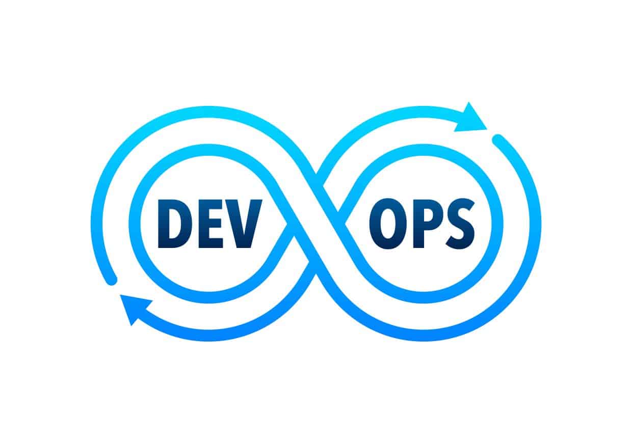 Icono vector con el símbolo del infinito y las palabras DEV y OPS en cada uno de sus círculos