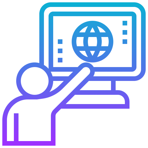 Icono con vector de un ser humano tocando una pantalla de ordenador conectado a Internet